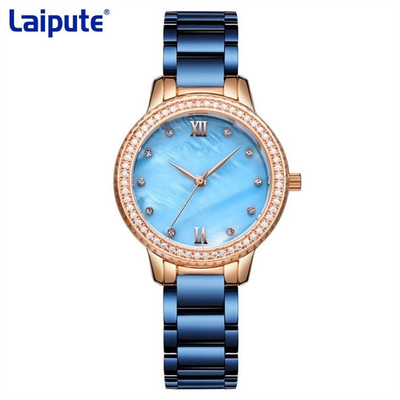 Das mulheres traseiras do movimento de quartzo do relógio do bracelete da curvatura da tartaruga Diamond Watch de aço inoxidável