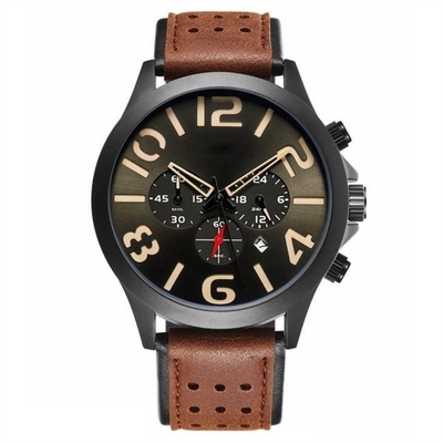 Relógios do cronógrafo dos homens da correia de couro do relógio de Pin Buckle Triple Date Calendar