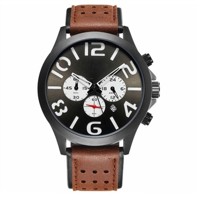 Relógios do cronógrafo dos homens da correia de couro do relógio de Pin Buckle Triple Date Calendar