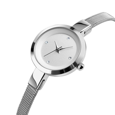 Relógio feminino com pulseira de aço inoxidável à prova d'água e mostrador de vidro reforçado com minerais