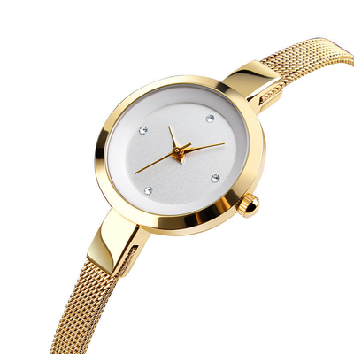 Relógio feminino com pulseira de aço inoxidável à prova d'água e mostrador de vidro reforçado com minerais