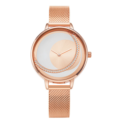 relógios de pulso Diamond Encrusted Mesh Strap Watch de couro da bateria de quartzo da correia de 14mm
