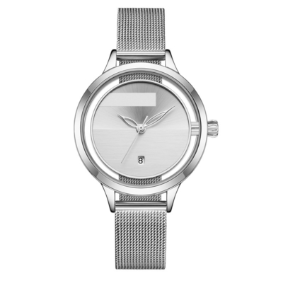 Senhoras Mesh Belt Quartz Calendar Watch com Willow Leaf Needle